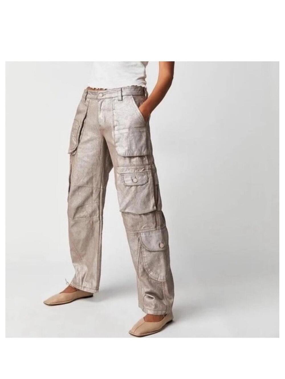 Free People We The Free Lap Of Luxury Barrel Jeans Beige Metallic Size 31